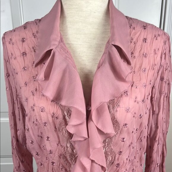 Allison Taylor Mauve Ruffled Crinkle Blouse with Eyelet and Lace Detail - Large - Picture 2 of 15